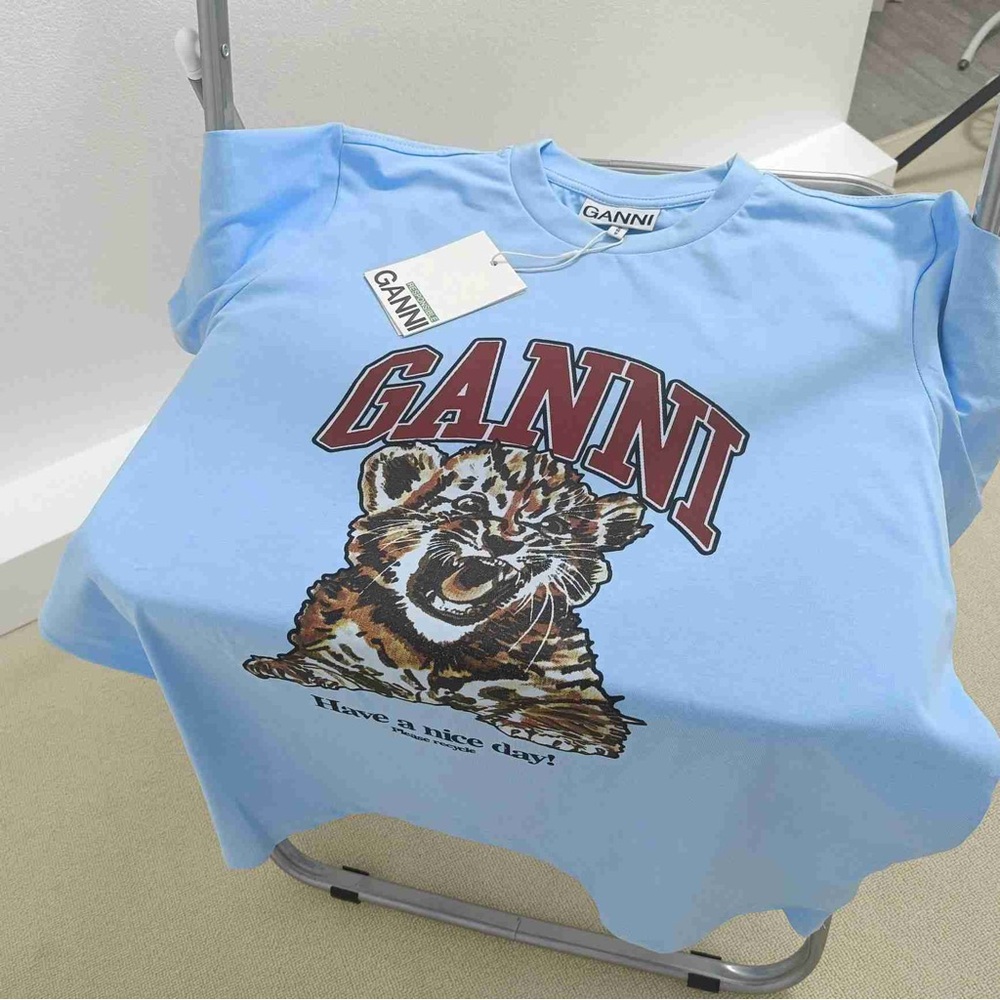 Ganni Light Blue Tee with Maroon Logo Cheetah graphic T-shirt - Have a Nice Day - Picture 6 of 6